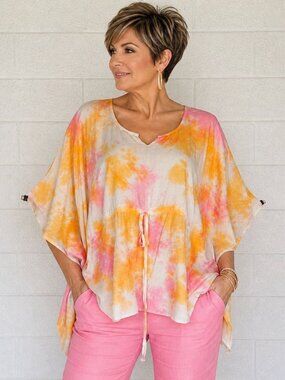 New Sacred Threads One Size Rose Tie-Dye Pullover Rayon Kaftan Poncho Top